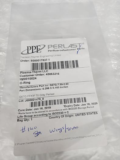 Used PERLAST PLASMA THERM LLC M00010024 O RING